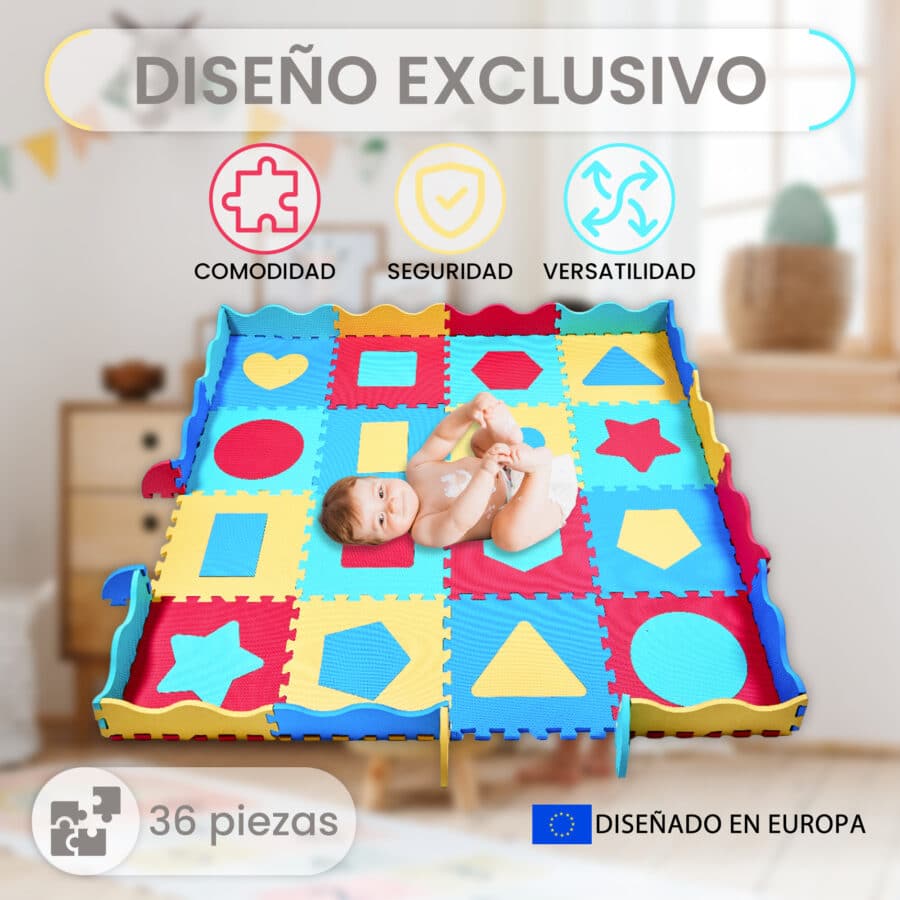 Alfombra puzzle bebe grande de goma eva. Tapete para bebés de diseño exclusivo, compuesto por 36 piezas con múltiples combinaciones y utilidades.