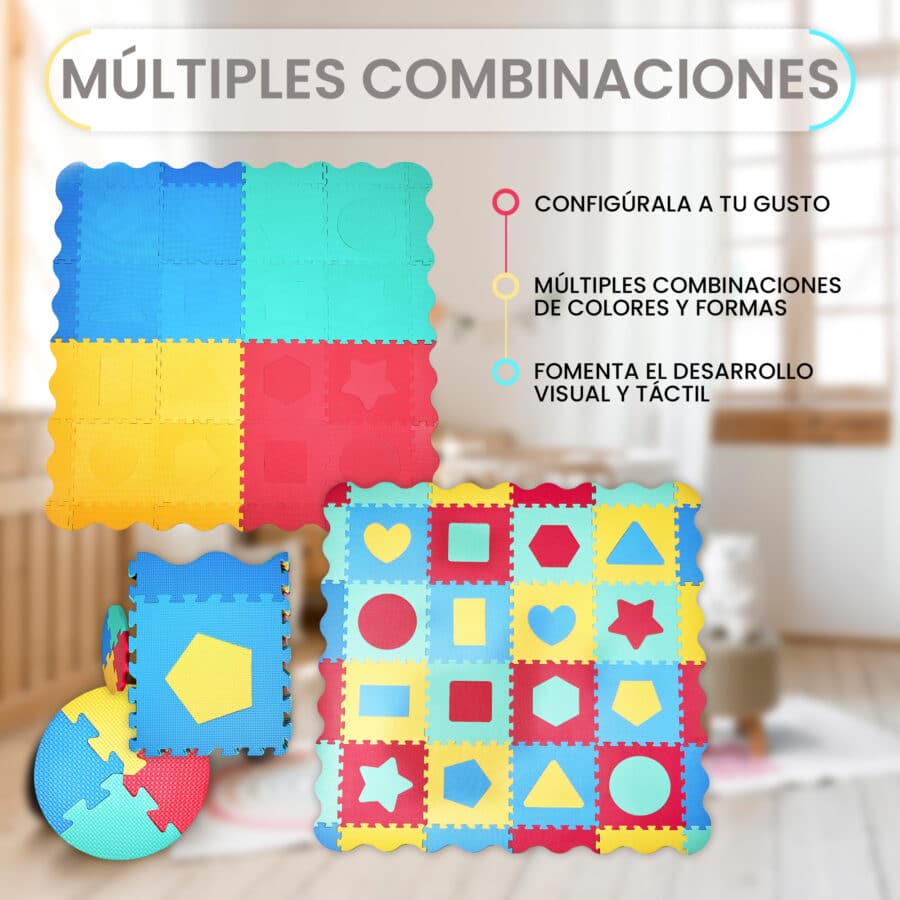 Alfombra puzzle bebe grande de goma eva. Tapete para bebés de diseño exclusivo, compuesto por 36 piezas con múltiples combinaciones y utilidades.